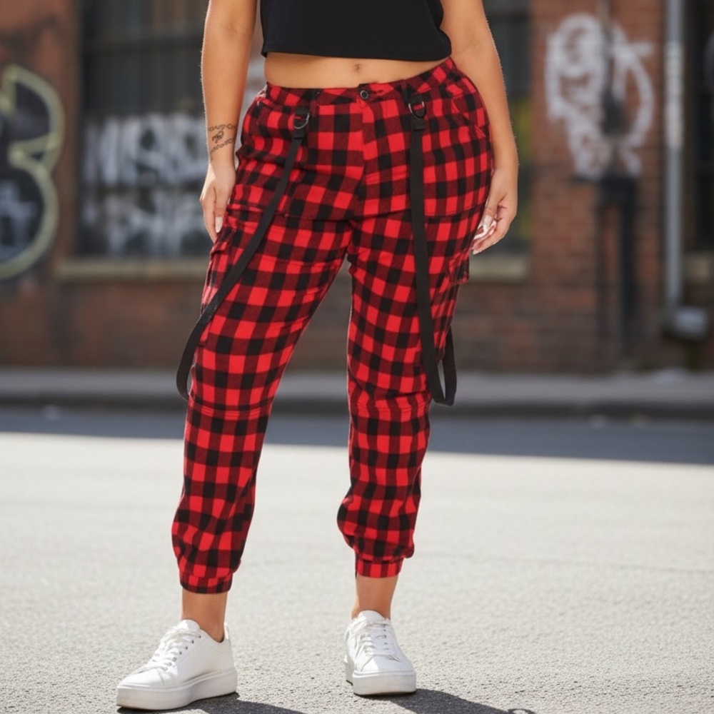Fashion Nova Red & Black Plaid Cargo Joggers